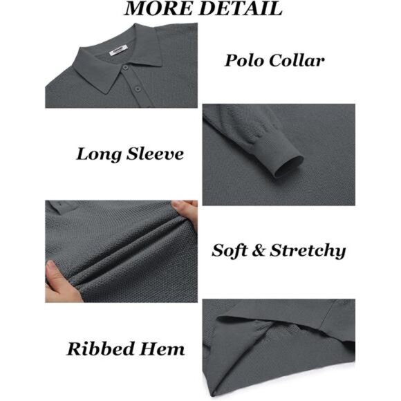 Mens Knit Polo Shirt Long Sleeve Casual Plain Waffle Textured Collared Sweater - Picture 5 of 6